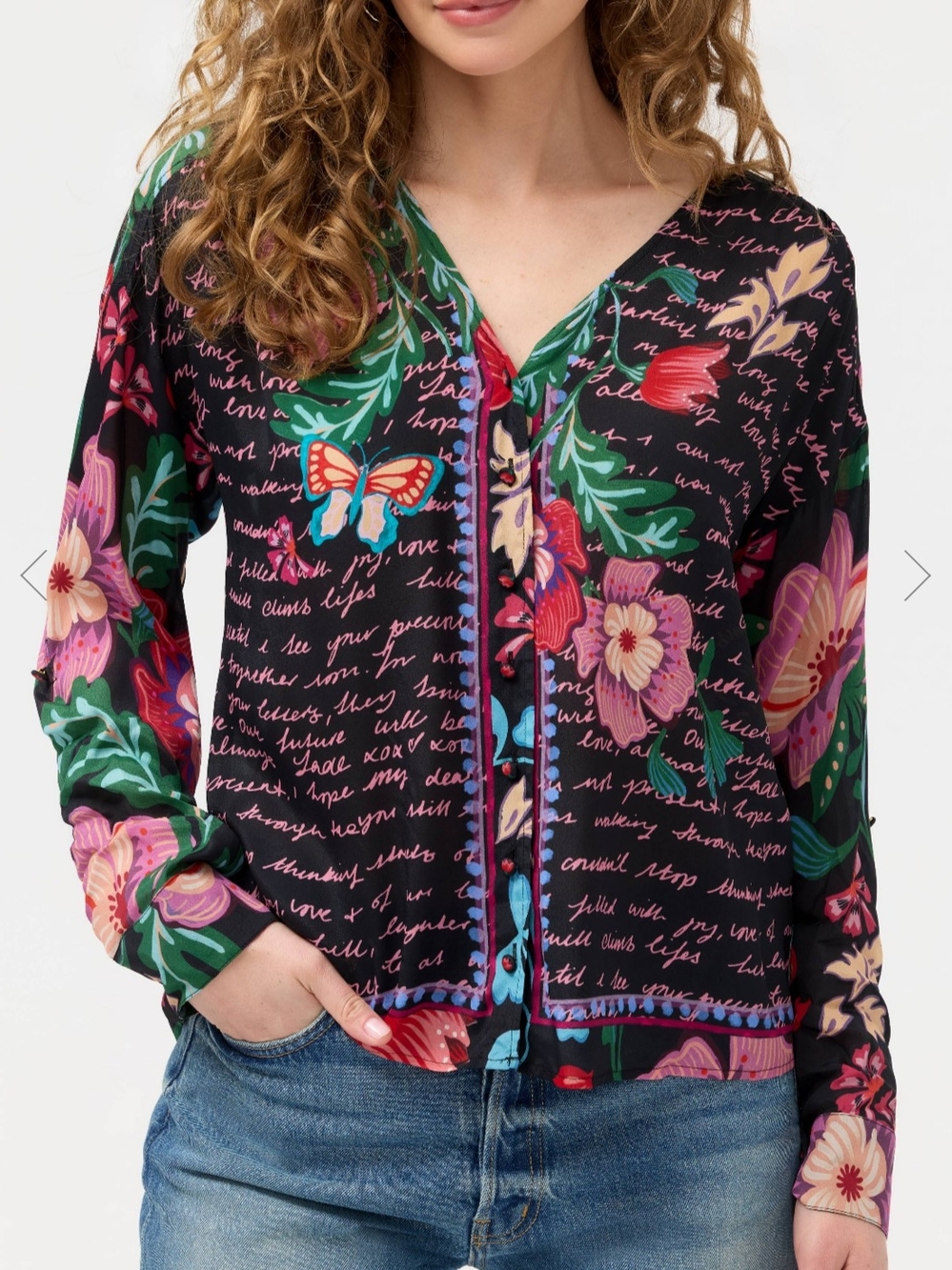 New w tag L Johnny Was Jade Nisha Black Button-Front Floral Script Boho Blouse